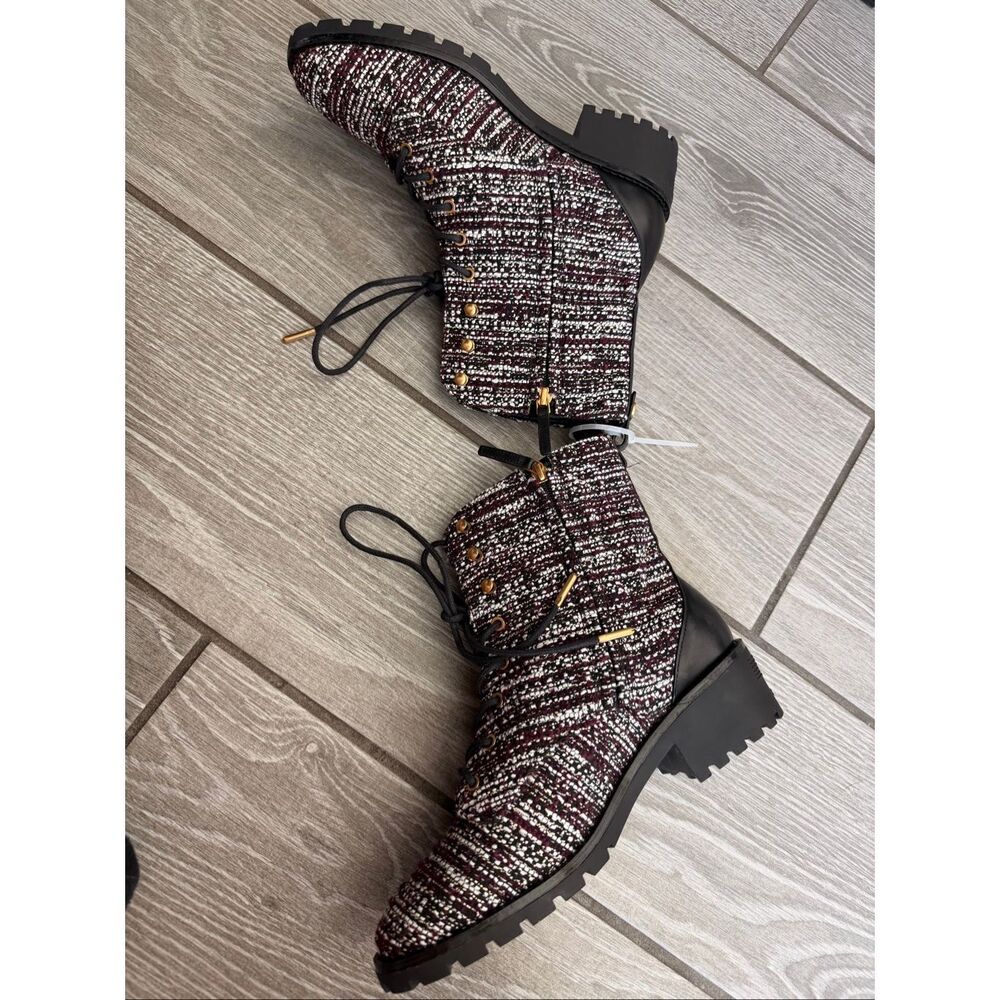 Tory Burch Miller Combat Boots Tweed Leather Lug Sole Lace Up Ankle Booties 8M